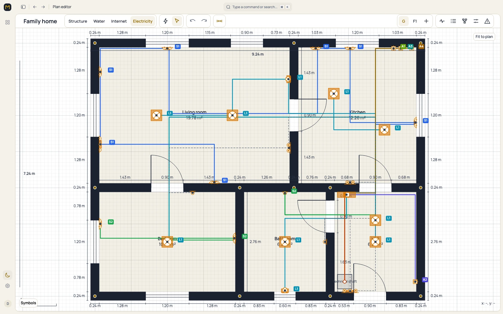 Electrical plan with circuits and a single-line diagram