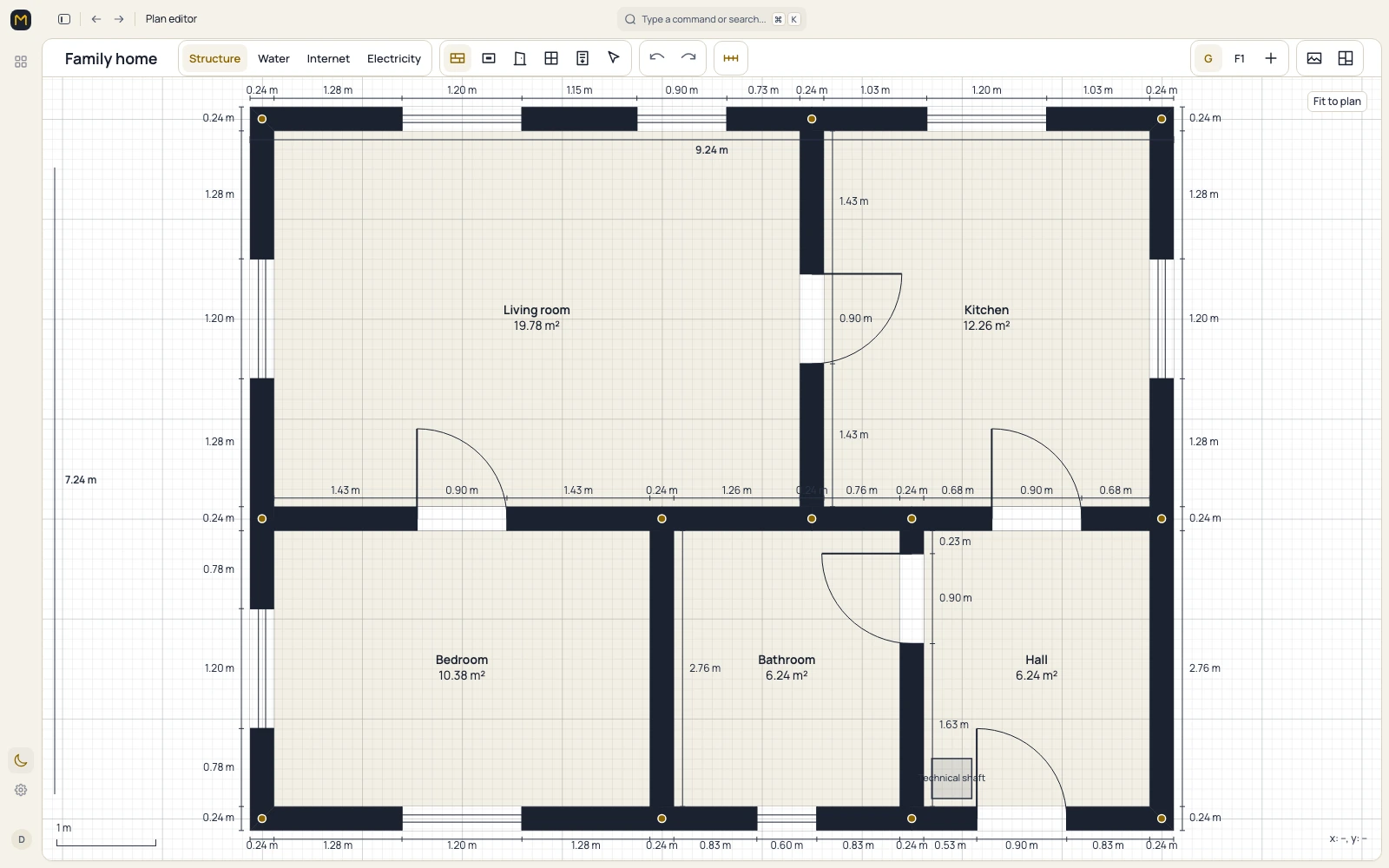Floor plan editor showing two rooms with doors, windows and dimensions