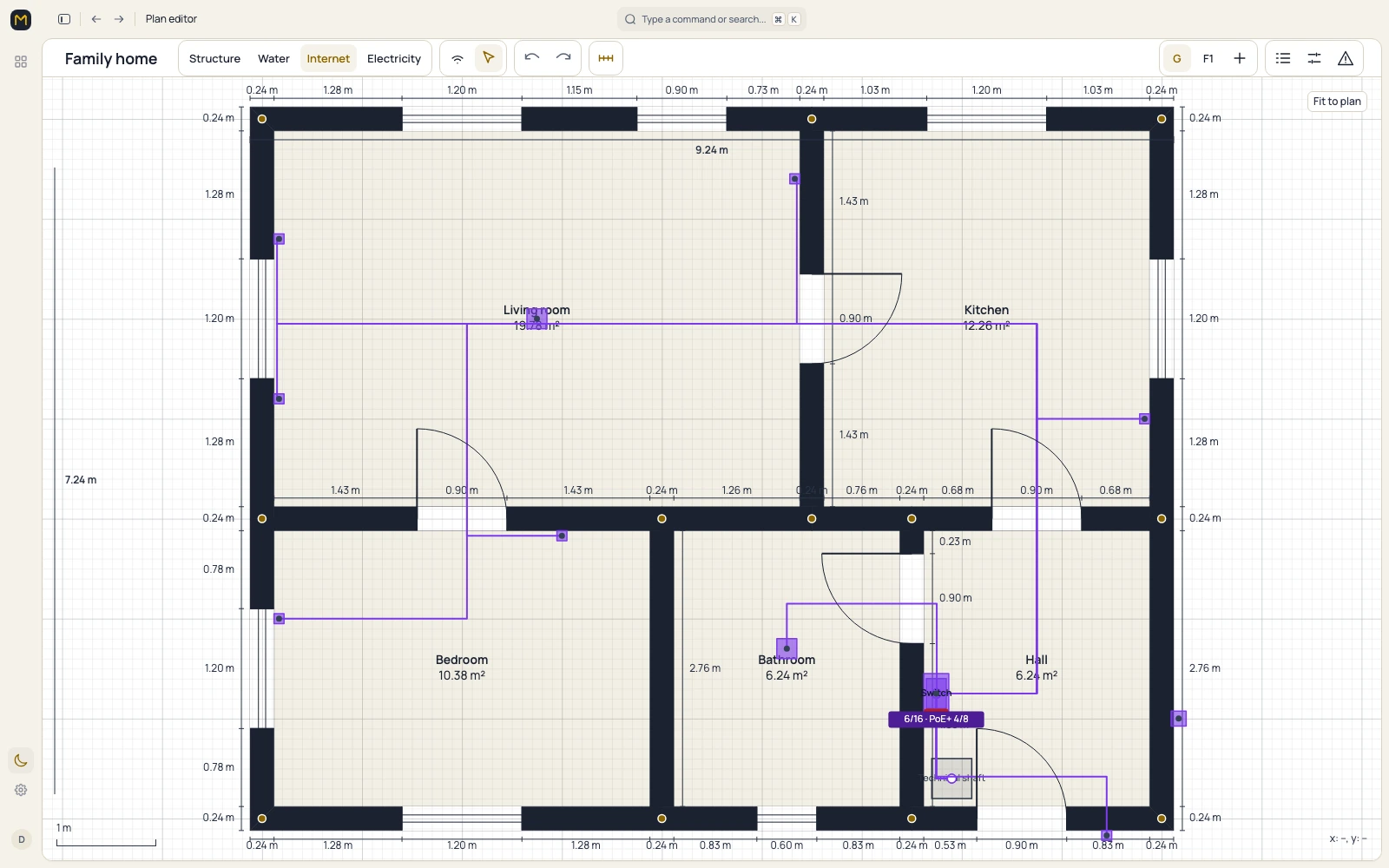 Home network plan with ethernet cables and port badges on a router and a switch