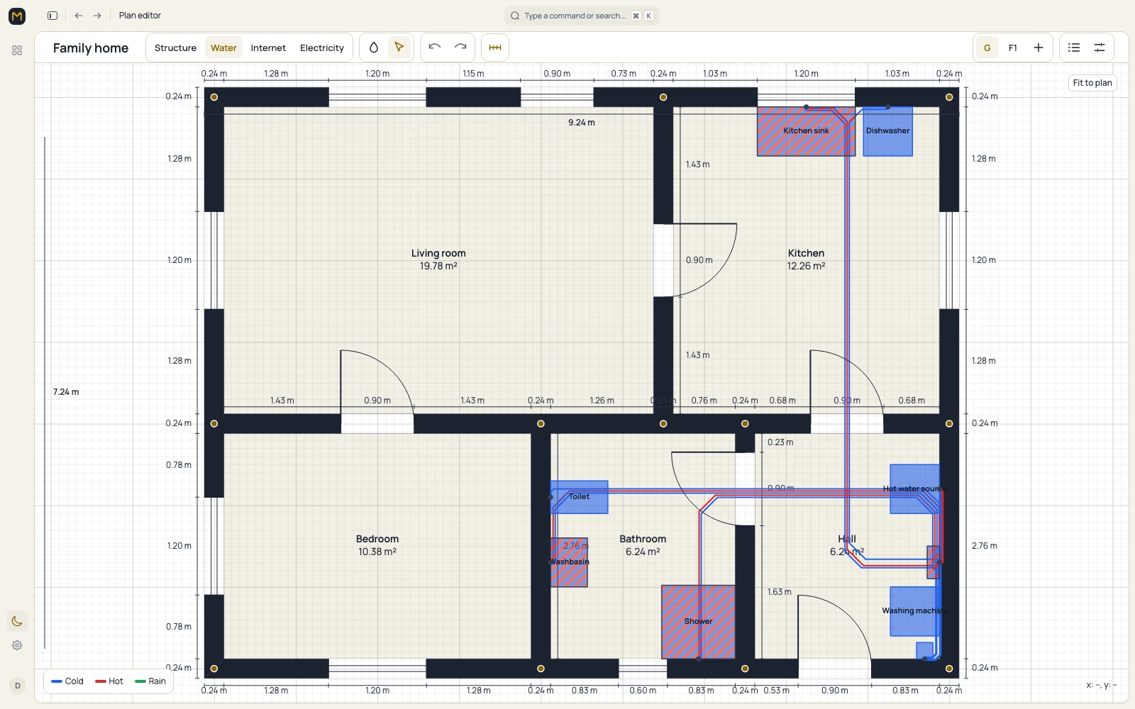 Water pipe plan with fixtures, a collector and routed pipes
